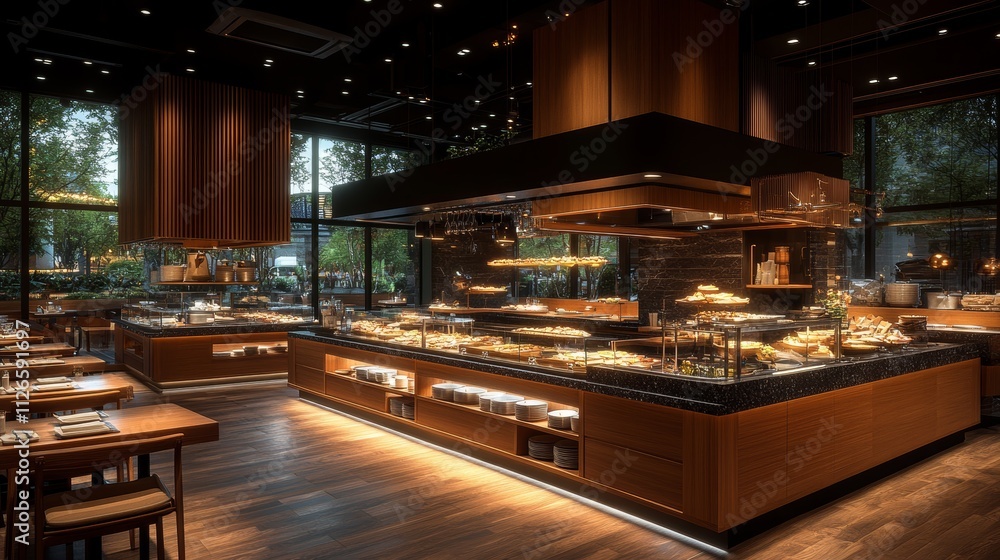 Modern Buffet Bar with Individual Dining Stations in Sophisticated and Cozy Restaurant Setting Modern Buffet Bar with Individual Dining Stations in Sophisticated and Cozy Restaurant Setting
