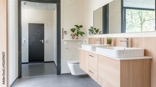 Minimalist contemporary toilet with natural light and green accents