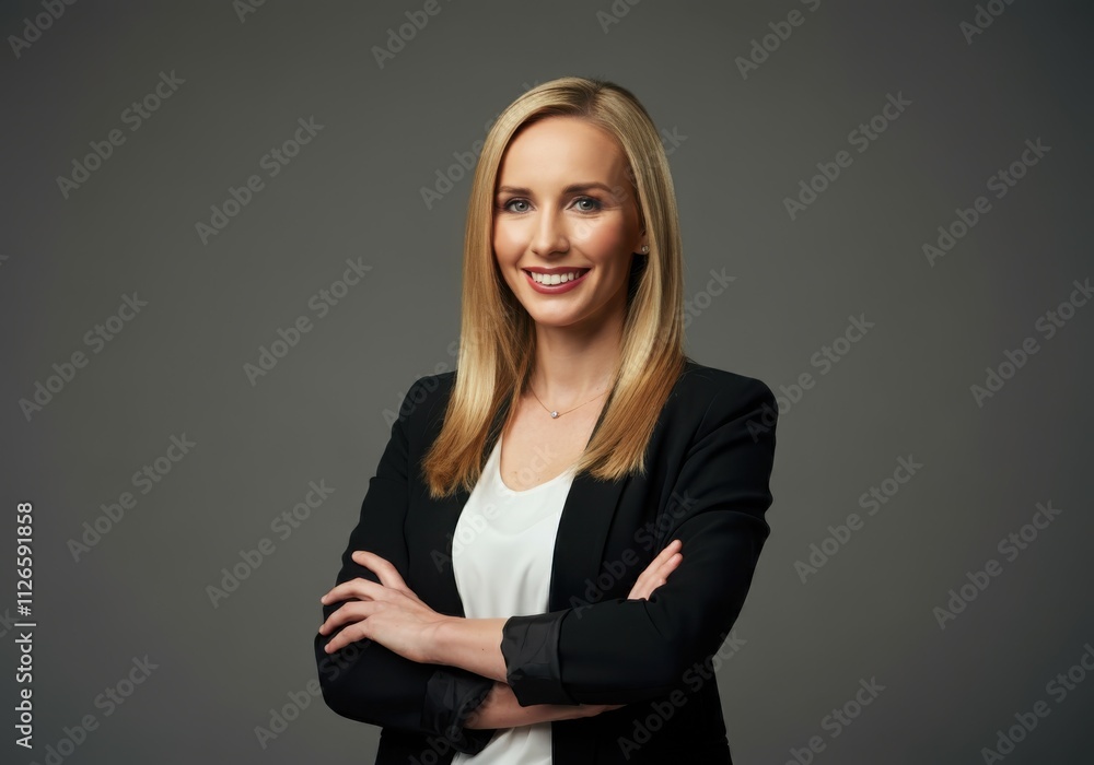 A professional woman dressed in a black blazer and white top, standing confidently with her arms crossed against a neutral gray background A professional woman dressed in a black blazer and white top, standing confidently with her arms crossed against a neutral gray background