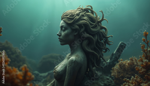 wallpapers A surreal depiction of a mermaid sculpture submerged in tranquil waters, surrounded by coral and aquatic plants. AI generated.