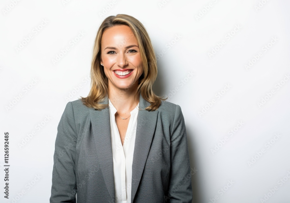 A smiling woman in a gray blazer and white blouse stands confidently against a white background A smiling woman in a gray blazer and white blouse stands confidently against a white background