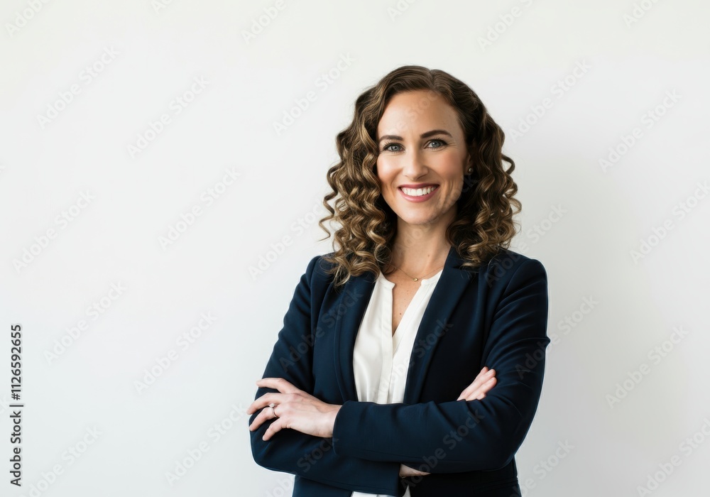 A professional woman with curled hair stands with her arms crossed A professional woman with curled hair stands with her arms crossed