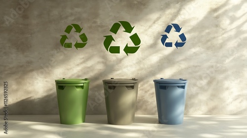 Triangular Recycling Bins with Eco Symbols photo