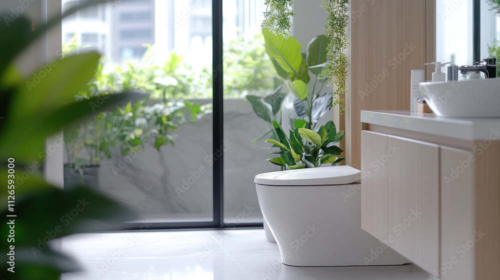 Minimalist contemporary toilet with natural light and green accents Minimalist contemporary toilet with natural light and green accents