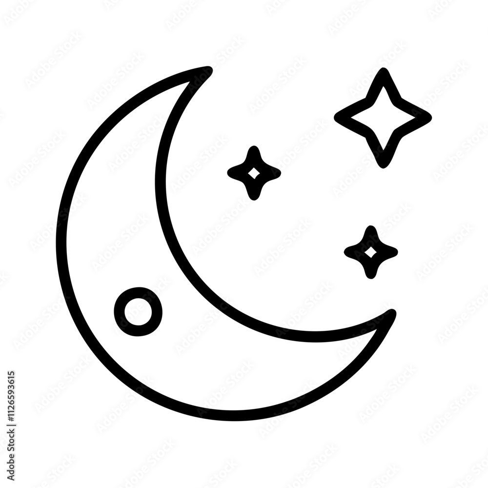 moon icon, nature vector icon, environment vector icon - black outline icon of moon symbolizing nature, environment, and seasonal in simple design.