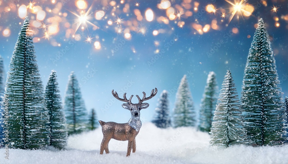 Generated imageChristmas banner with magical scene of a reindeer in center in snowy forest with Christmas trees with lights and stars with copy space Generated imageChristmas banner with magical scene of a reindeer in center in snowy forest with Christmas trees with lights and stars with copy space