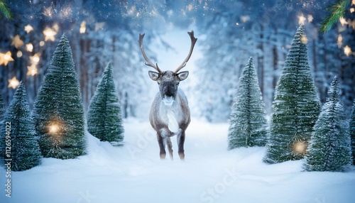 Generated imageChristmas banner with magical scene of a reindeer in center in snowy forest with Christmas trees with lights and stars with copy space