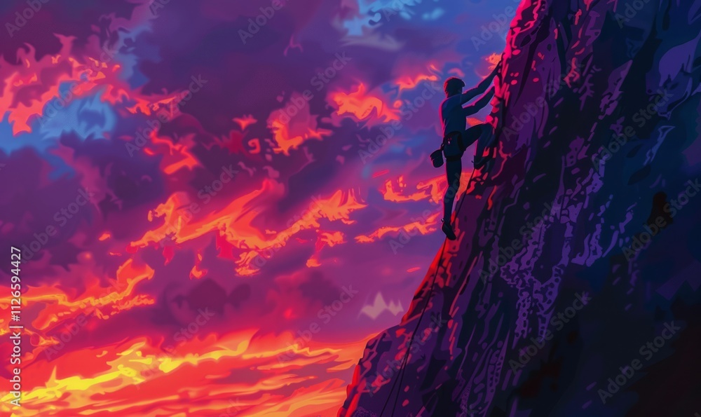 Guy rock climbs on a rugged cliffside, against a vibrant sunset sky. Guy rock climbs on a rugged cliffside, against a vibrant sunset sky.