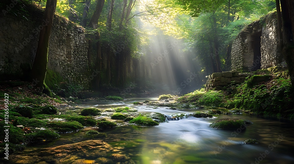 A tranquil stream flowing past ancient ruins overgrown with moss and vines, with shafts of sunlight piercing through the trees A tranquil stream flowing past ancient ruins overgrown with moss and vines, with shafts of sunlight piercing through the trees