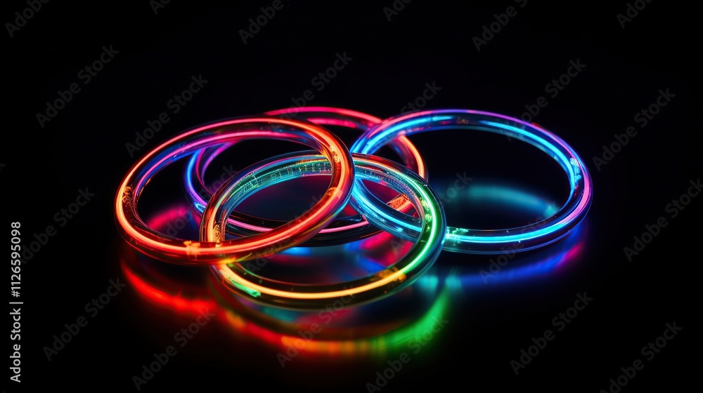 Intertwined Neon Rings Illuminated In Darkness Intertwined Neon Rings Illuminated In Darkness