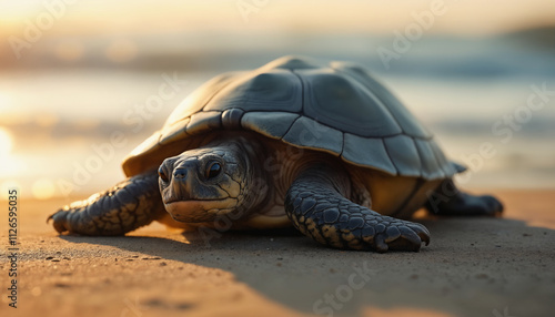 wallpapers A serene turtle resting on the beach with waves in the background during sunset. Captivating and tranquil setting. AI generated photo