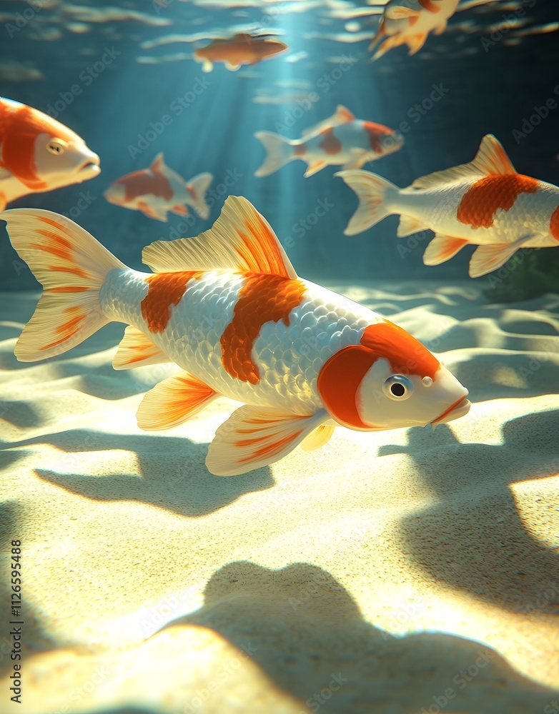 Naklejka premium A serene underwater scene featuring koi fish swimming gracefully in clear water.