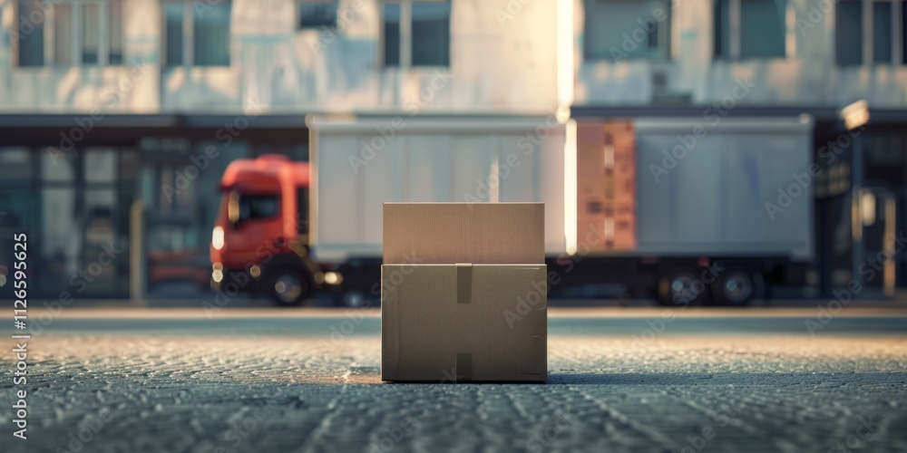 Shipping box in front of a delivery truck, 4K hyperrealistic photo. Shipping box in front of a delivery truck, 4K hyperrealistic photo.
