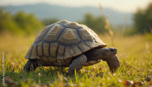 wallpapers A turtle moving gracefully across a green field with a serene landscape in the background. AI generated photo