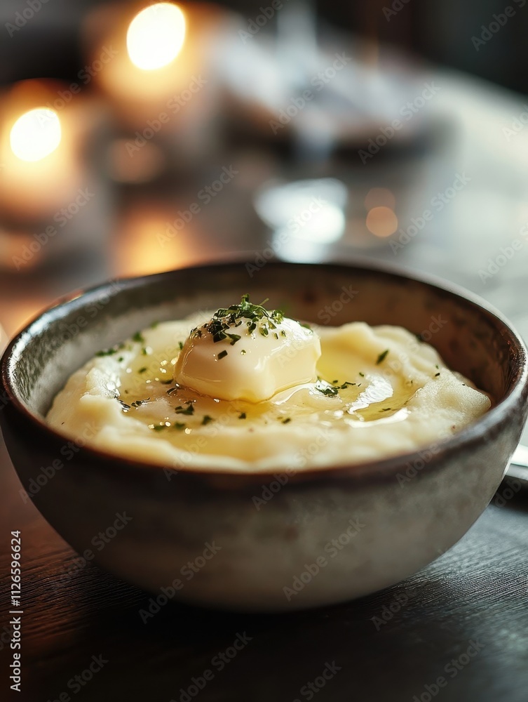 A bowl of creamy mashed potatoes topped with butter and herbs, set in a cozy dining atmosphere. A bowl of creamy mashed potatoes topped with butter and herbs, set in a cozy dining atmosphere.