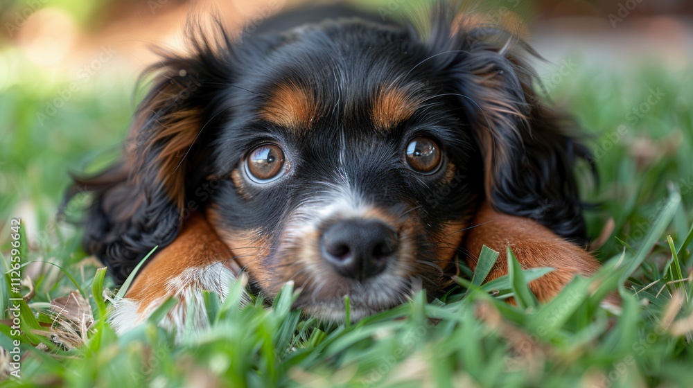 Curious puppy explores the lush green grass on a sunny afternoon in a vibrant backyard setting. Generative AI Curious puppy explores the lush green grass on a sunny afternoon in a vibrant backyard setting. Generative AI
