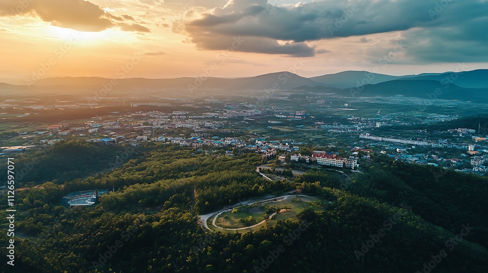 Aerial view of a city nestled in a valley at sunset. Concept of panoramic landscape, travel, and exploration. Aerial view of a city nestled in a valley at sunset. Concept of panoramic landscape, travel, and exploration.