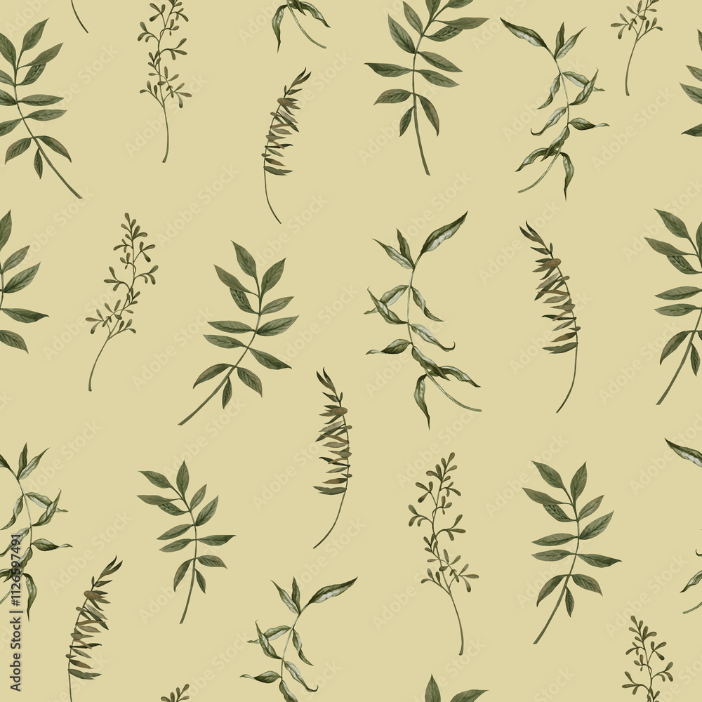 Cute repeat pattern with green grass on a beige background. Hand drawn leaves for print on paper, packading, fabric, greeting cards, gifts, wallpapers, covers and banners. Cute repeat pattern with green grass on a beige background. Hand drawn leaves for print on paper, packading, fabric, greeting cards, gifts, wallpapers, covers and banners.