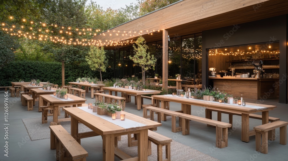 Obraz premium Enchanting Outdoor Dining Experience with Wooden Tables, Pergolas, Climbing Plants, and Fairy Lights - Photorealistic Scene