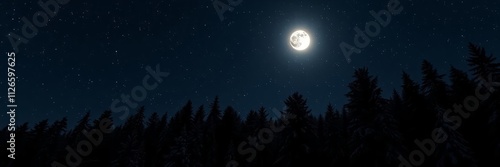 This enchanting image captures the beauty of a winter night, with a full moon illuminating a snow-covered forest. The contrast between the dark silhouettes of the trees and the bright moonlight create