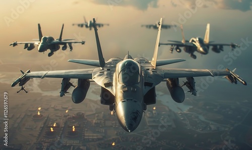 Military jet flying in formation over a military base, 4K hyperrealistic photo