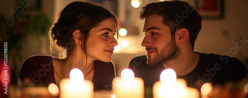 A couple looking into each other s eyes during a candlelit dinner, reflecting trust and deep emotional connection, couple love understanding, focus on photo