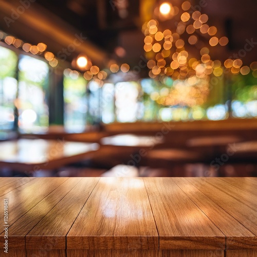 Wood table top with reflect on blur of lighting in cafe,restaurant background/selective focus.