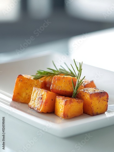 A plate of roasted cubed squash garnished with a sprig of rosemary.