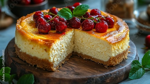 A cheesecake with a slice removed topped with fresh cherries and mint leave