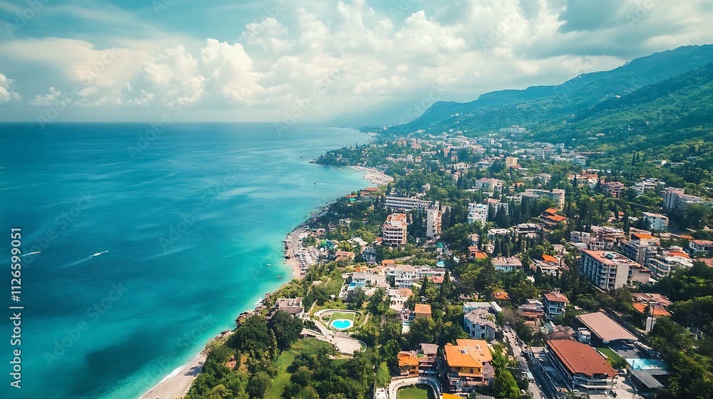 Naklejka premium Aerial View Coastal Town Summer