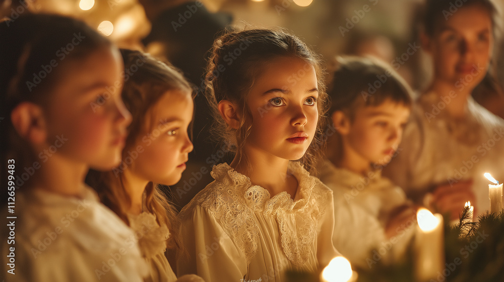 Fototapeta premium A group of young girls are sitting in a circle, with candles in front of them