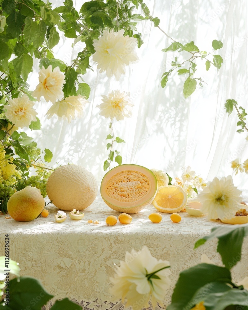 Summer Still Life with Melon, Citrus and Dahlias Summer Still Life with Melon, Citrus and Dahlias