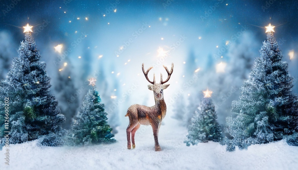 Christmas banner with magical scene of a reindeer in center in snowy forest with Christmas trees with lights and stars with copy space Christmas banner with magical scene of a reindeer in center in snowy forest with Christmas trees with lights and stars with copy space
