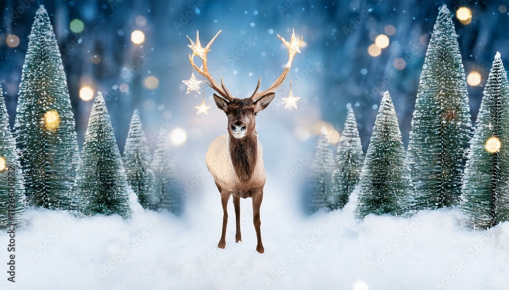 Christmas banner with magical scene of a reindeer in center in snowy forest with Christmas trees with lights and stars with copy space Christmas banner with magical scene of a reindeer in center in snowy forest with Christmas trees with lights and stars with copy space