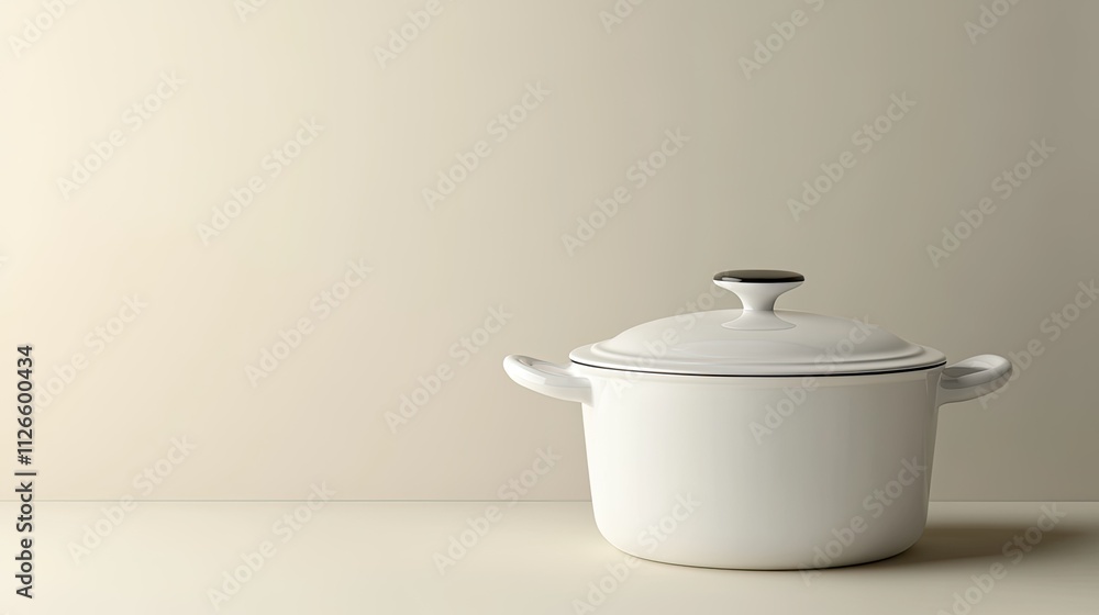 White enameled cast iron pot with lid, minimalist setting.