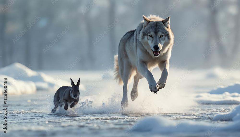Fototapeta premium wallpapers A dramatic scene depicting a wolf chasing a rabbit in a snowy environment, capturing the intensity of nature and survival. AI generated