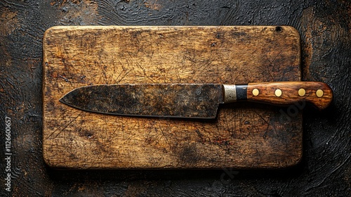 Rustic Wooden Cutting Board with Old Chef s Knife photo