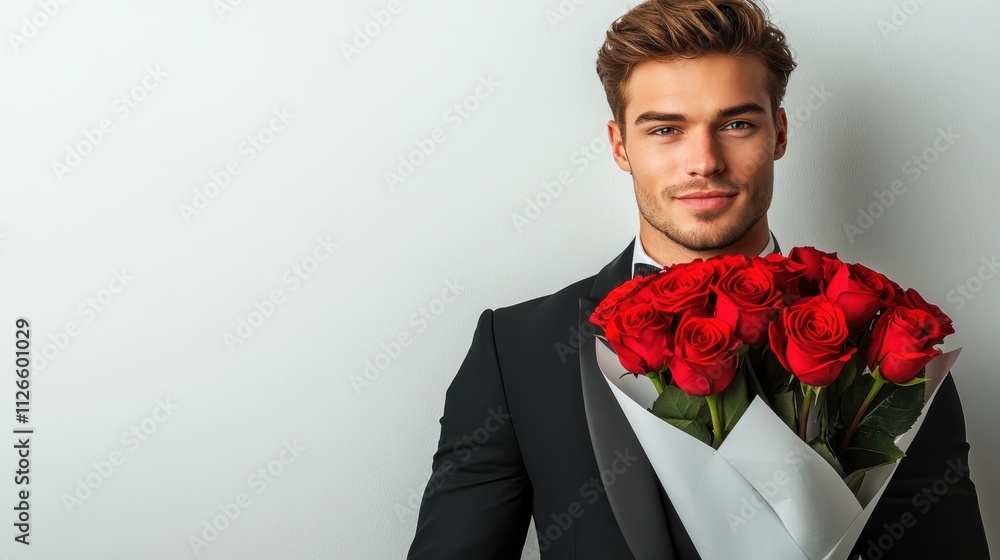 Handsome man dressed in black tuxedo holds bouquet of red roses against white background, perfect for banners..Banner with copy space for flower shops, agenicies, floral studios Handsome man dressed in black tuxedo holds bouquet of red roses against white background, perfect for banners..Banner with copy space for flower shops, agenicies, floral studios