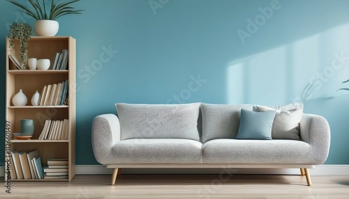 Wallpaper Mural sofa and book stand against blue wall scandinavian home interior design of modern living room soft tone Torontodigital.ca