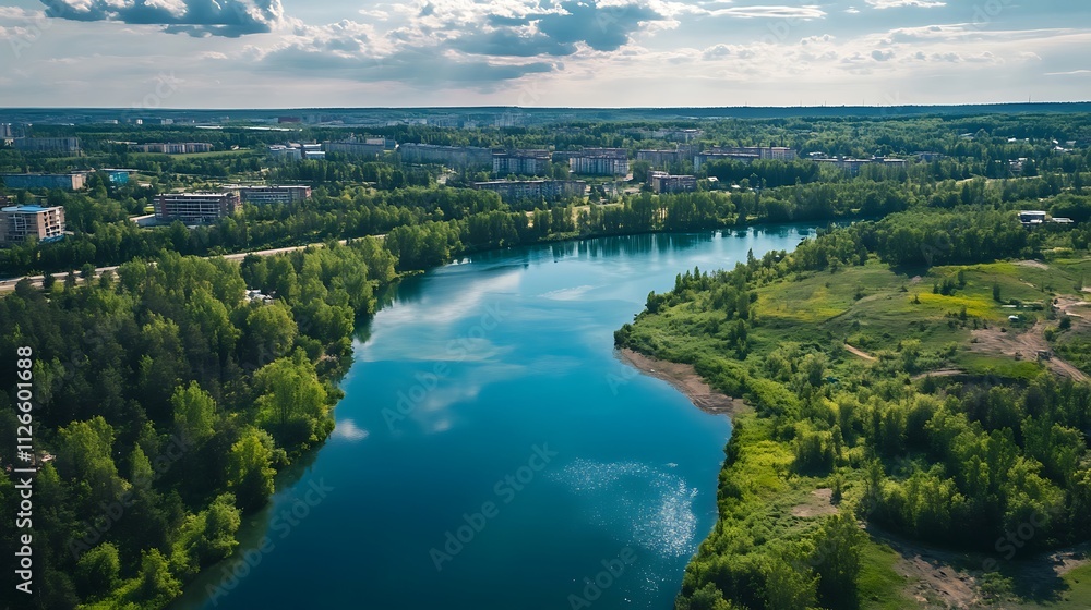 Obraz premium Aerial view of a lake surrounded by lush greenery and a city. Concept of nature and urban landscape.