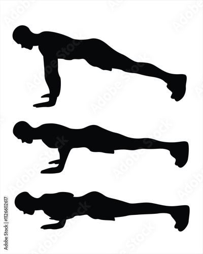 Silhouette sequence of a man doing a push-up exercise. Collection of Different Push-Up Poses, Perfect for Logo, Design, and More.