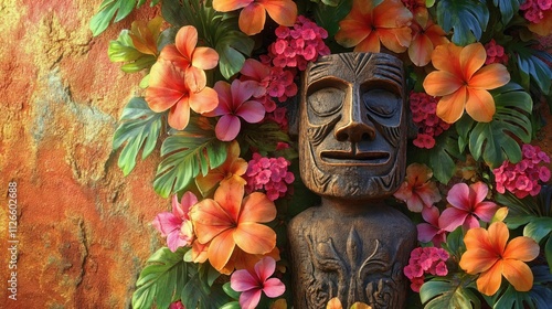 Hawaiian tiki statue surrounded by tropical flowers and plumeria blossoms. Traditional wooden carving decorated with vibrant orange hibiscus and pink flowers against textured stone wall background photo