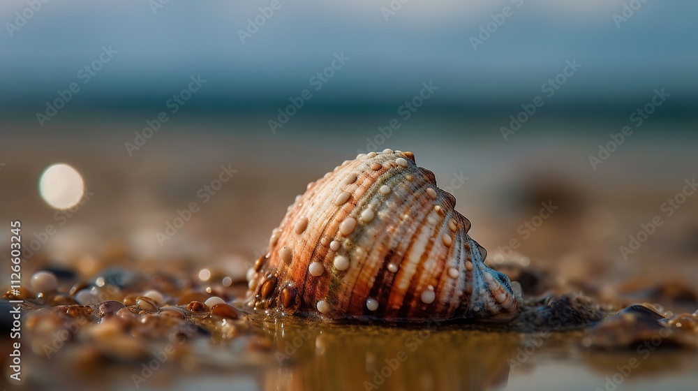 Seashell rests on wet beach sand near ocean Seashell rests on wet beach sand near ocean