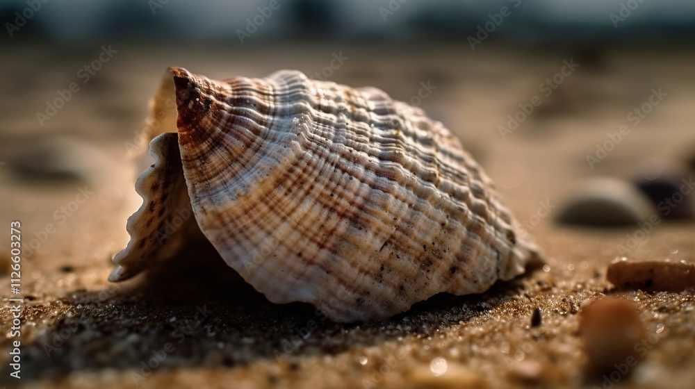 Seashell rests on sandy beach in sunlight Seashell rests on sandy beach in sunlight