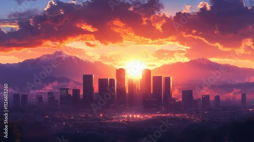 Sunset over cityscape and mountains symbolizes tranquility and introspection.