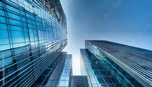 upward view of reflective glass skyscrapers with sleek lines creating a high impact modern aesthetic for corporate and urban architectural themes photo