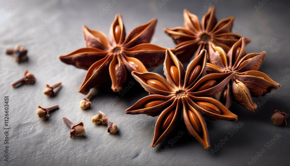 a detailed closeup of star anise spice on a gray stone surface with ample room for text in the image a detailed closeup of star anise spice on a gray stone surface with ample room for text in the image