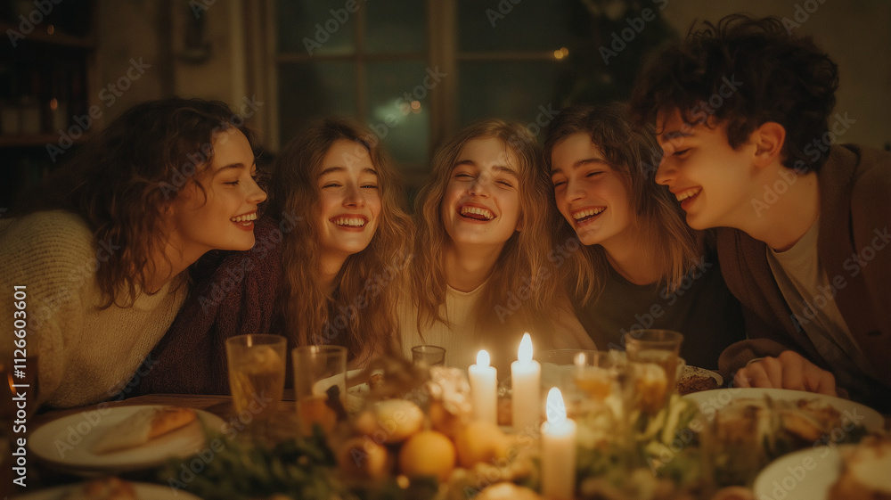 A group of people are sitting around a table with candles and glasses of wine A group of people are sitting around a table with candles and glasses of wine