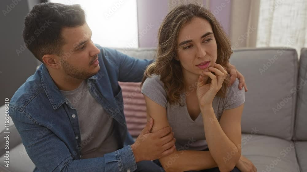 Man comforting woman on couch at home in living room, showing relationship and love together in an interior setting Man comforting woman on couch at home in living room, showing relationship and love together in an interior setting