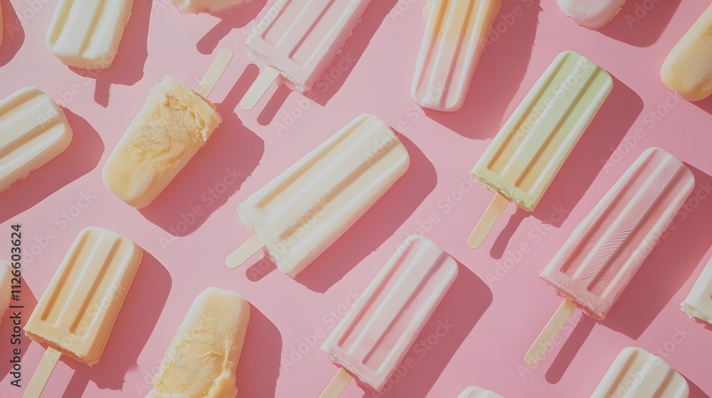 Assorted Flavors Of Popsicles On Pink Background Assorted Flavors Of Popsicles On Pink Background